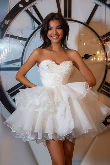 White Tiered Strapless Homecoming Dress with Sequins